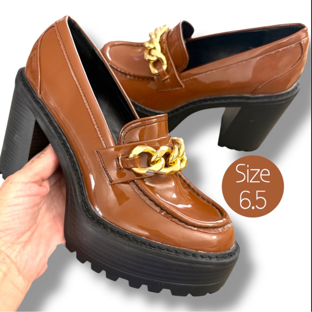 New Women Platform Loafers,Carmel Brownish Loafers w/Gold Chain, Work Heel Shoes